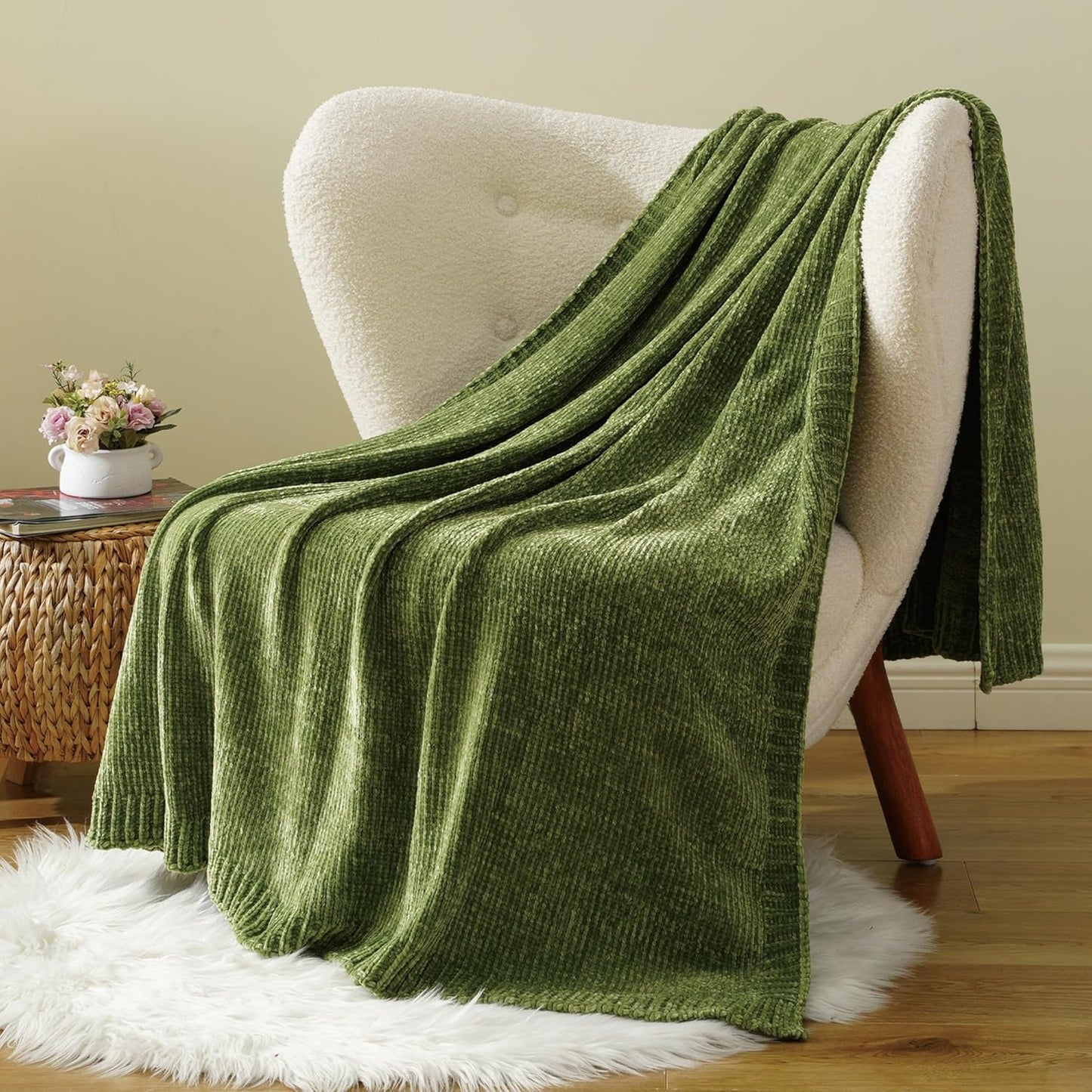 BATTILO HOME Chenille Knitted Throw Blanket for Couch, Spring Summer Green Throw Blanket for Home Decor, Decorative Cozy Soft Moss Green Blankets for Bed Sofa Couch Living Room, 51"x67"