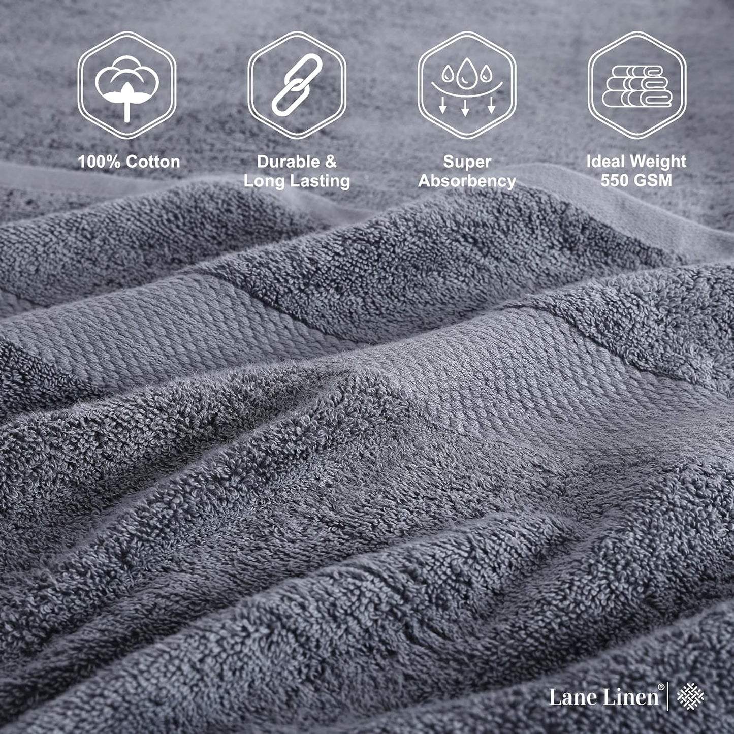 Lane Linen 100% Cotton Luxury Bathroom Towel Set - 6 Pcs - RingSpun, QuickDry, Very Soft & Highly Absorbent - 2 Large Bath Towels, 2 Washcloths, 2 Hand Towels - Pre Shrunk & Fade Resistant - Cool Grey