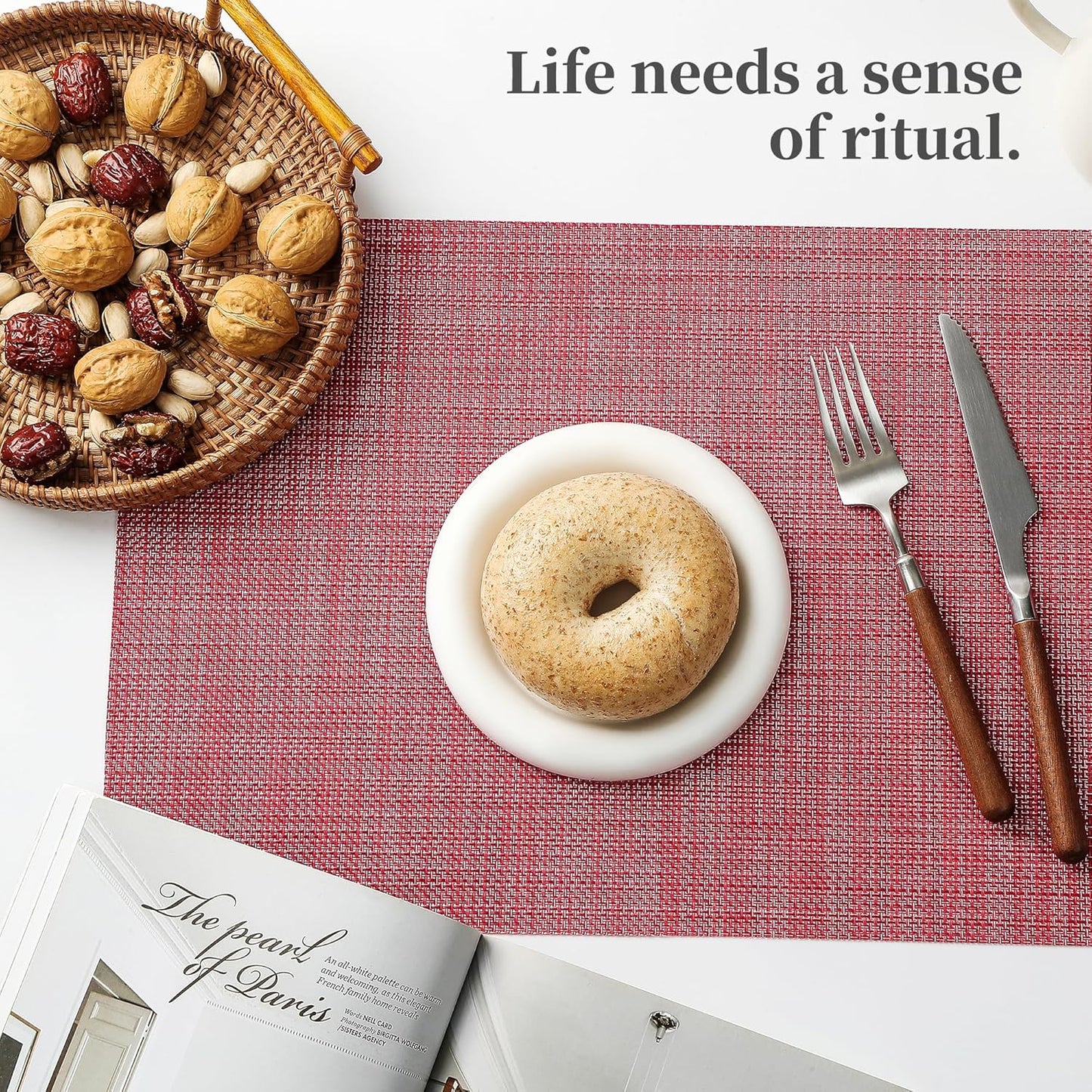 Leetaltree Red Placemats Set of 8 - Heat Resistant Non-Slip Place mats for Dining Table, Washable Durable PVC Vinyl Woven Table Mats(Red, 8)