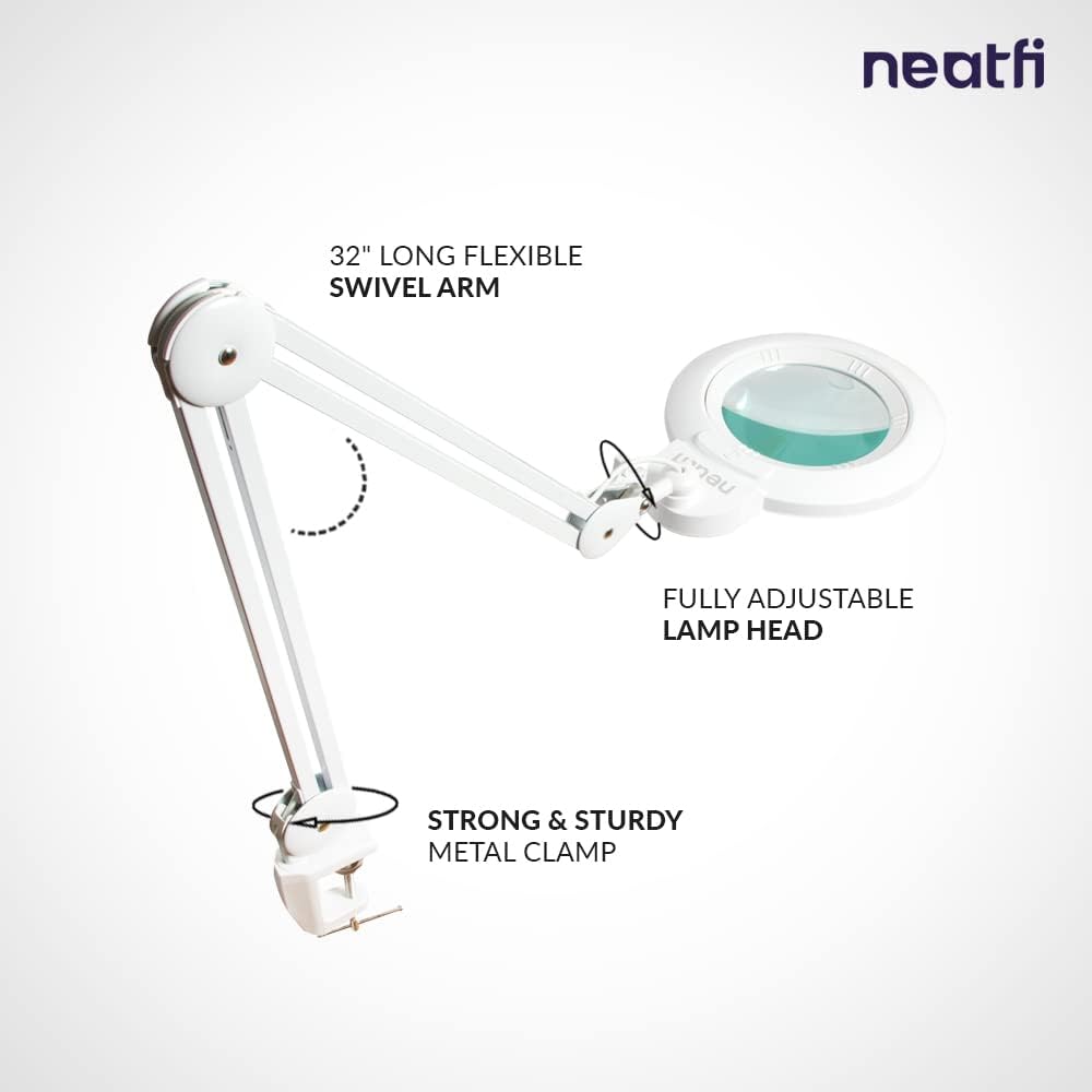Neatfi XL Bifocal LED Magnifying Lamp, 7-Inch Acrylic Lens, 5D/20D Magnification, Hands-Free, Dimmable, 84 SMD LED, Adjustable Arm for Crafts, Reading, Close Work (White, CCT with Clamp)