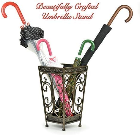 Super Quality Umbrella Stand, Umbrella Holder, Antique Look Metal, Entry Hallway Décor, Square Style, w/Removable Drip Tray. (Antique Bronze)