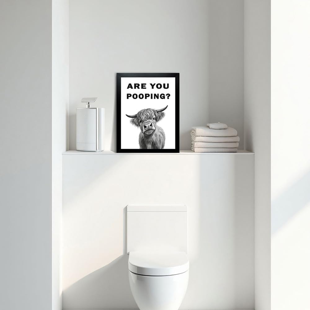 Funny Bathroom Wall Art – Are You Pooping Black and White Highland Cow Canvas, Framed Humor Print for Toilet Decor (Cow Are You Pooping, 10"L x 8"W, Framed)