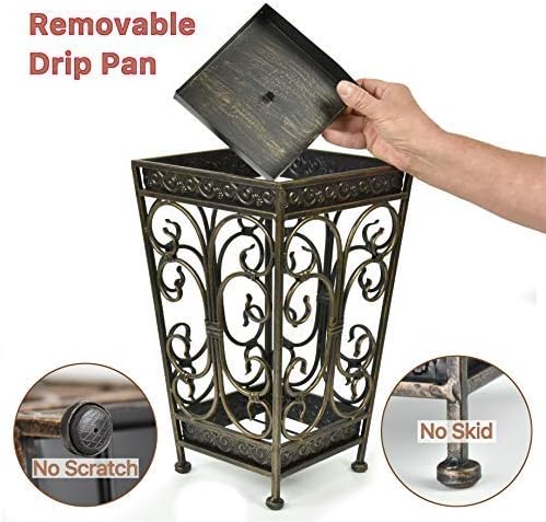 Super Quality Umbrella Stand, Umbrella Holder, Antique Look Metal, Entry Hallway Décor, Square Style, w/Removable Drip Tray. (Antique Bronze)