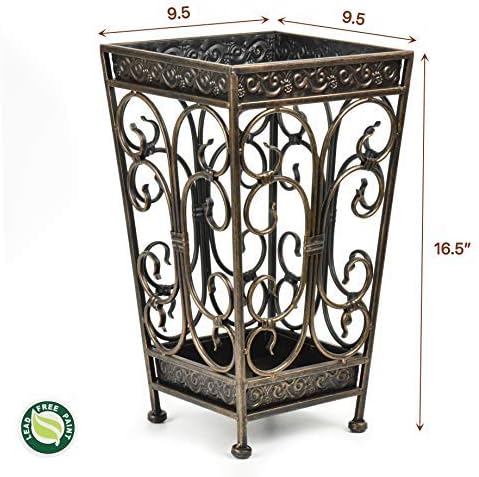 Super Quality Umbrella Stand, Umbrella Holder, Antique Look Metal, Entry Hallway Décor, Square Style, w/Removable Drip Tray. (Antique Bronze)