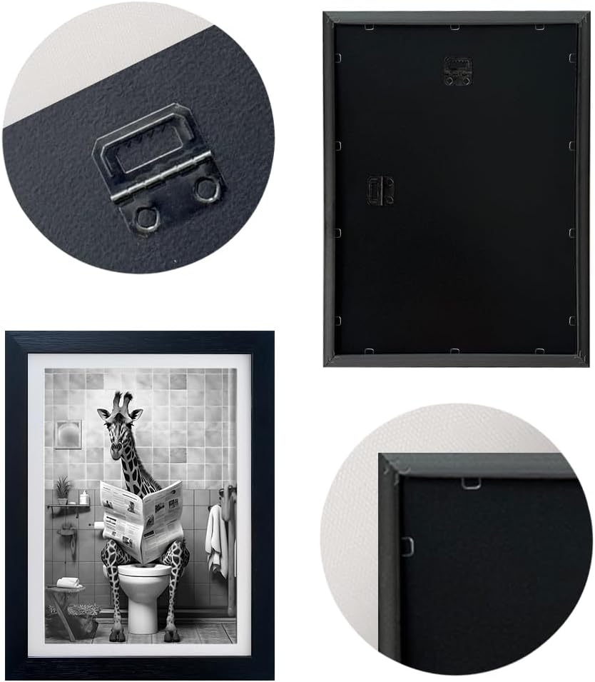 Black and White Bathroom Wall Decor Funny Bathroom Wall Art Giraffe in Toilet Animal Canvas Print Framed Farmhouse Artwork