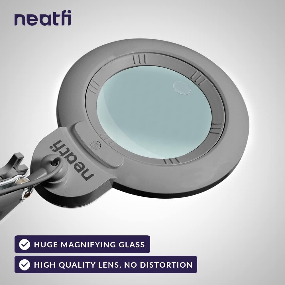 Neatfi XL Bifocal LED Magnifying Lamp, 7-Inch Acrylic Lens, 5D/20D Magnification, Hands-Free, Dimmable, 84 SMD LED, Adjustable Arm for Crafts, Reading, Close Work (Silver, with Clamp)
