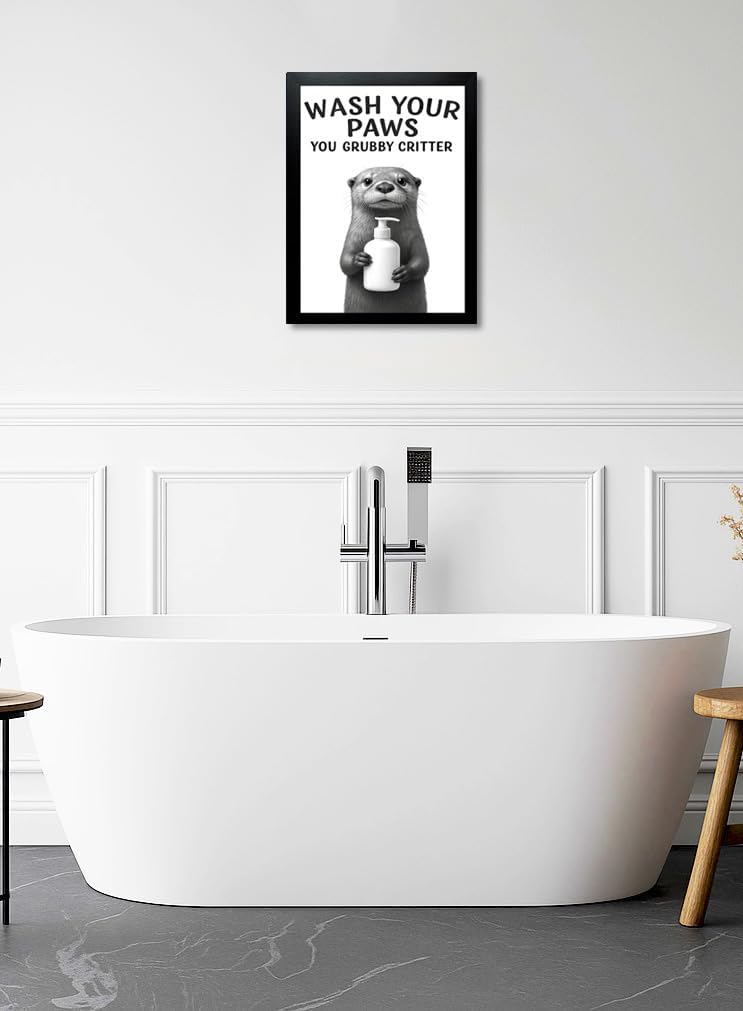Funny Bathroom Wall Art, Black and White Wall Decor, Framed Animal Otter Poster Canvas Print (Otter, 14"L x 11"W, Framed)