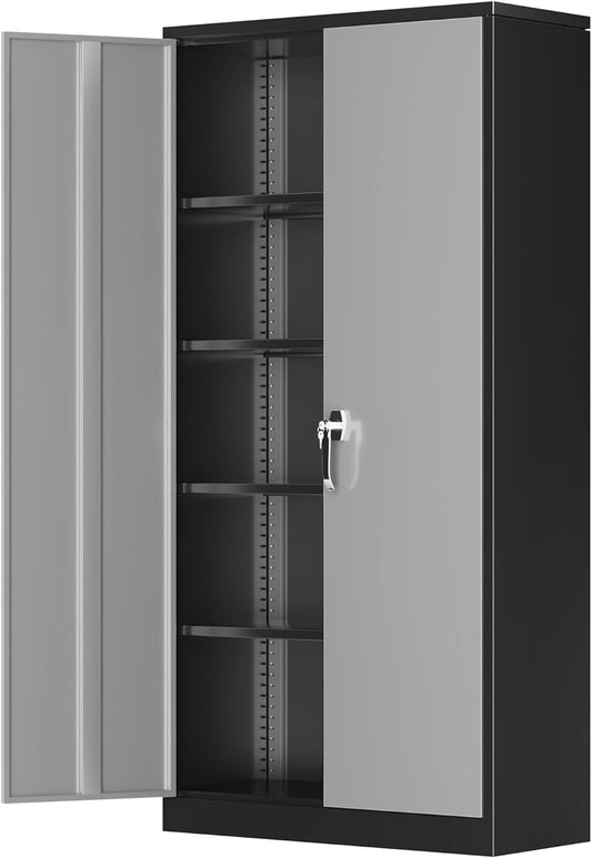 Greenvelly Metal Storage Cabinet, 72" Metal Garage Storage Cabinet with 2 Doors and 4 Adjustable Shelves,Steel Cabinets with Locking Doors for Home Office,Garage,School,Gym(Black Grey)