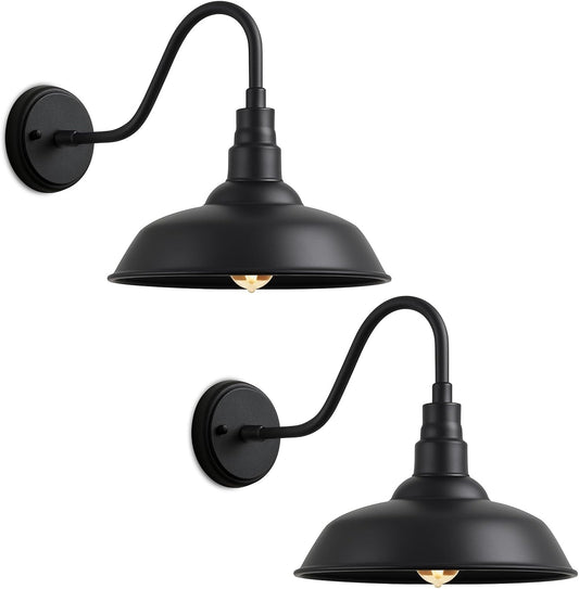 10" Outdoor Barn Gooseneck Light, Classic Farmhouse Style Black Outdoor Light Fixture, Industrial Wall-Mounted Barn Light for Garage, Porch, and Patio, 2-Pack