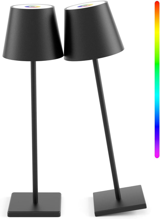 2 Pack LED Cordless Table Lamp with RGB & Stepless Dimming Rechargeable Battery Desk lamp 3W 5500mAh Battery Operated with Modern Portable Table Light for Indoor/Outdoor IP54 Waterproof (Black)