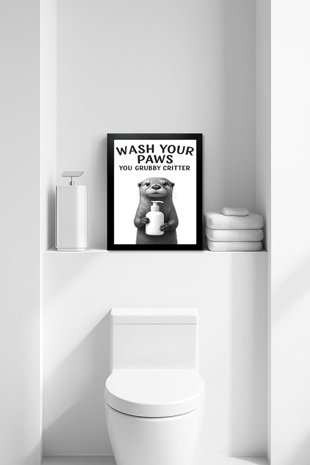 Funny Bathroom Wall Art - "Wash Your Paws" Black and White Framed Otter Print - Instant Ready to Hang Bathroom Wall Decor (Otter, 10"L x 8"W, Framed)