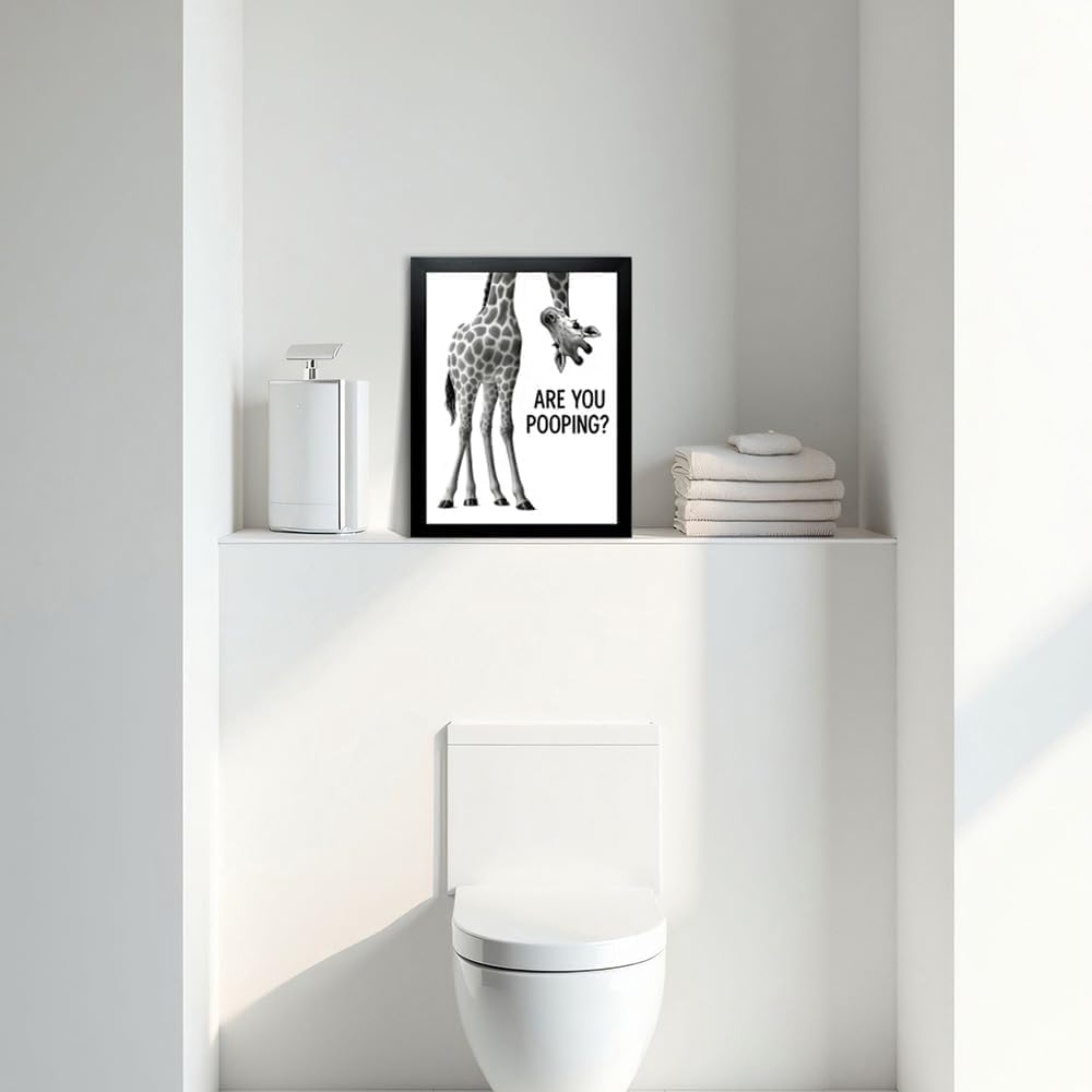 Funny Giraffe “Are You Pooping?” Bathroom Wall Art – 8×10″ Black & White Framed Print – Quirky Toilet Humor Home Décor (Giraffe, 10"L x 8"W, Framed)
