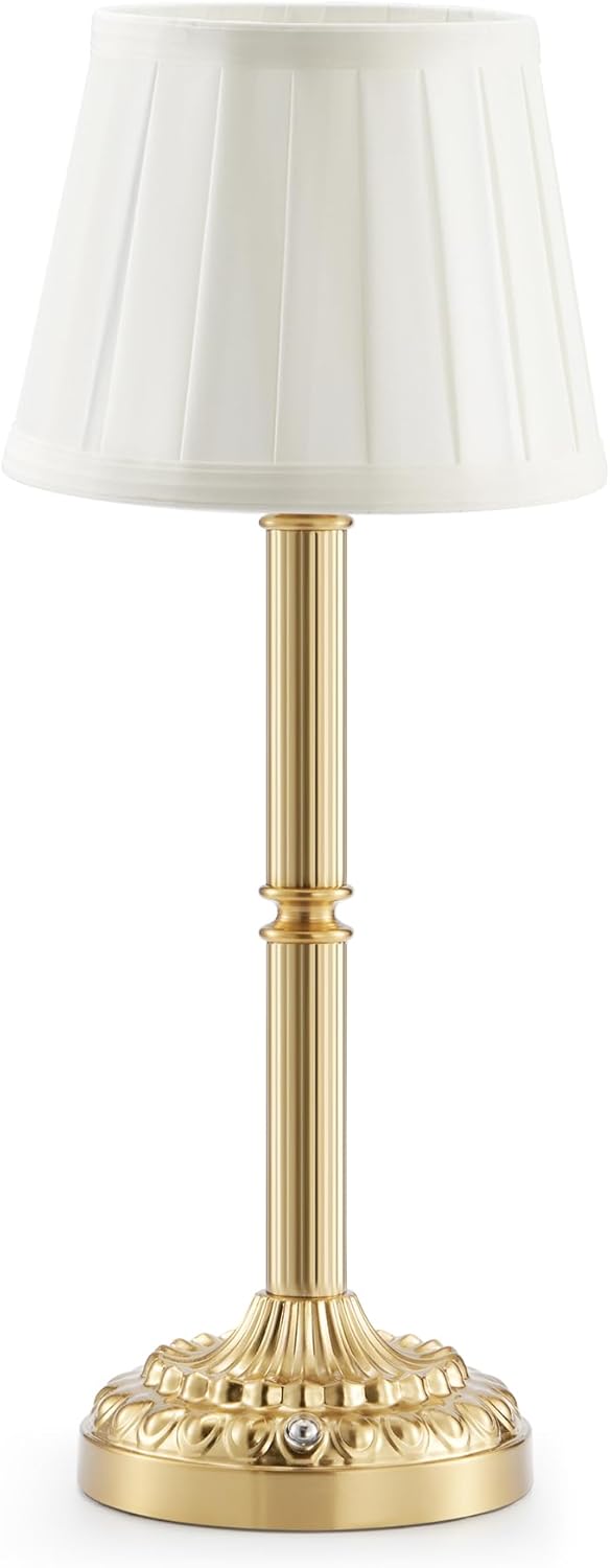 Vintage Brass Cordless Rechargeable Table Lamp with Fabric Shade – Small Battery Operated Lamp, 3-Level Dimmer, Portable Wireless Lighting for Restaurant Dining Bedside Kitchen Living Room Patio