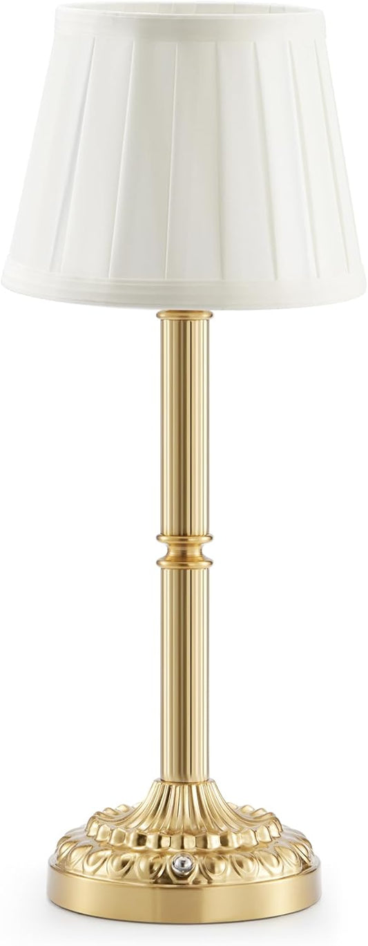 Vintage Brass Cordless Rechargeable Table Lamp with Fabric Shade – Small Battery Operated Lamp, 3-Level Dimmer, Portable Wireless Lighting for Restaurant Dining Bedside Kitchen Living Room Patio
