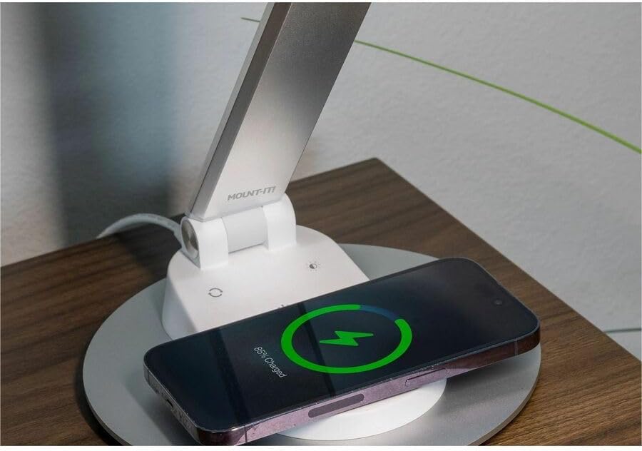 Mount-It! LED Desk Lamp with Wireless Charger and USB-C Charging Port, Dimmable Desk Lamp with 25 Brightness and Color Modes, for Home or Office, Adjustable Arm, Silver/White