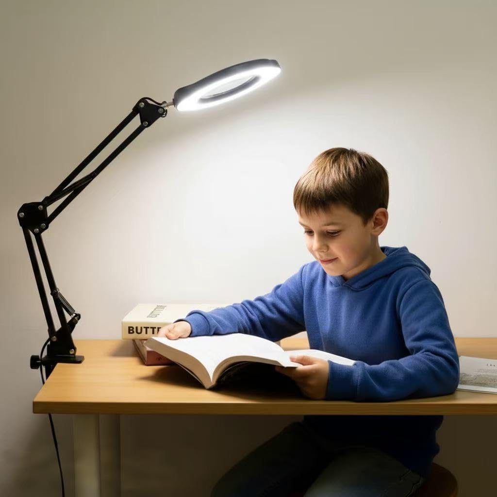 Upgrade 10X Magnifying Glass with Light and Stand, Real Glass Magnifying lamp, 5 Color Modes Stepless Dimmable, 84 LEDs, Magnifier with Light Hands Free for Close Work, Reading Craft Repair