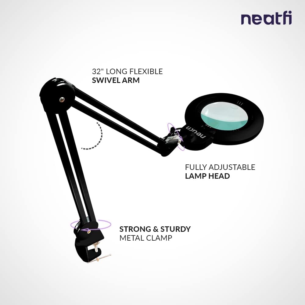 Neatfi XL Bifocal LED Magnifying Lamp, 7-Inch Acrylic Lens, 5D/20D Magnification, Hands-Free, Dimmable, 84 SMD LEDs, Adjustable Arm for Crafts, Reading, Close Work (Black, CCT with Clamp)