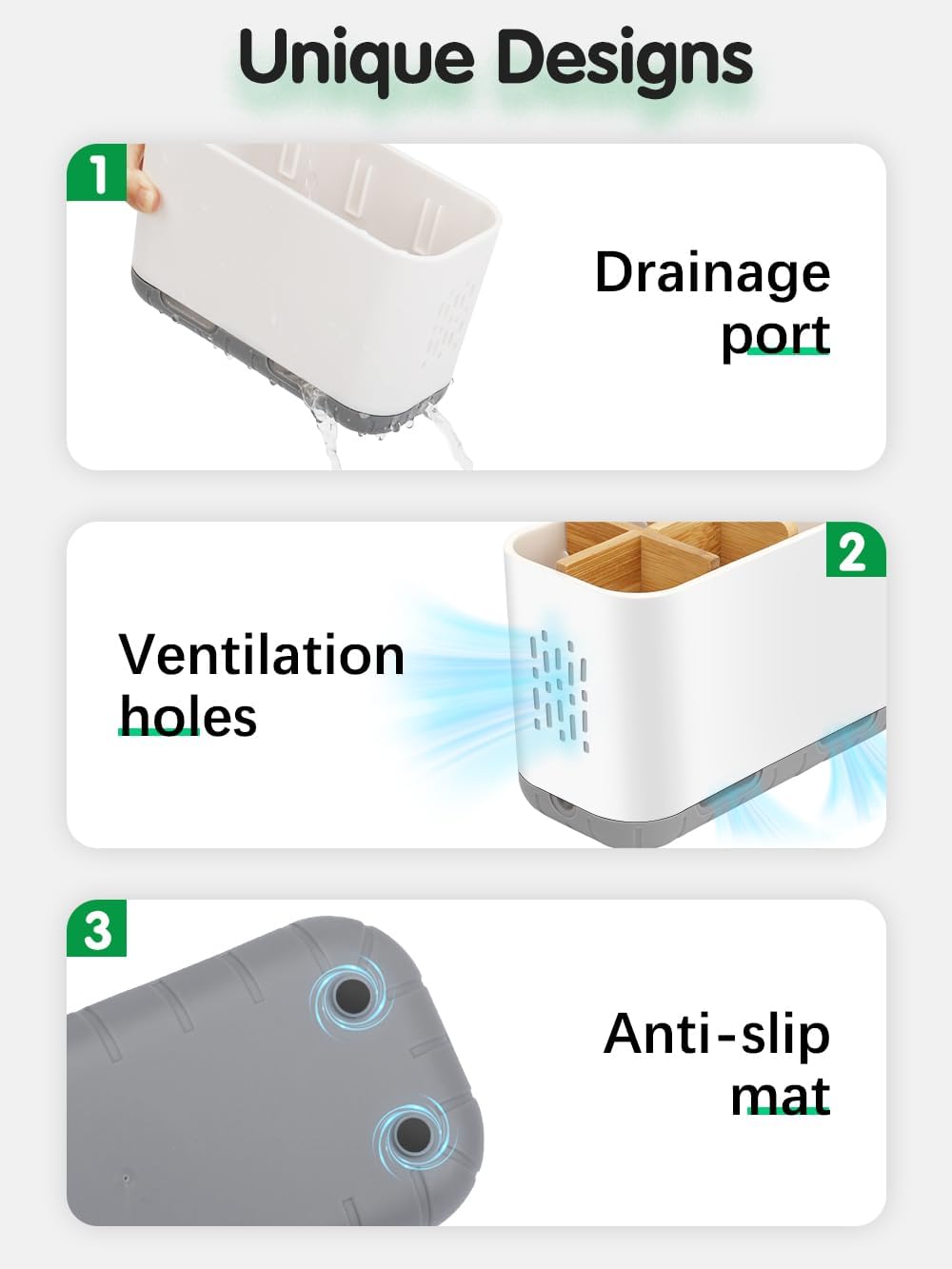 Toothbrush Holders for Bathrooms - Bamboo Divider Toothbrush and Toothpaste Holder with Drainage, Kids Electric Toothbrush Organizer for Bathroom Countertop, White Tooth Brush Holder