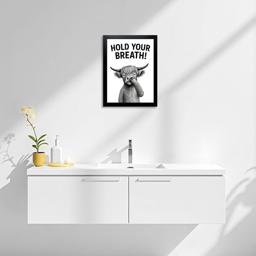 Funny Bathroom Wall Art - Highland Cow Nose Picking Canvas Print, Black and White Humorous Animal Picture, Modern Framed Decor for Home, Restroom (Cow Hold Your Breath, 10"L x 8"W, Framed)