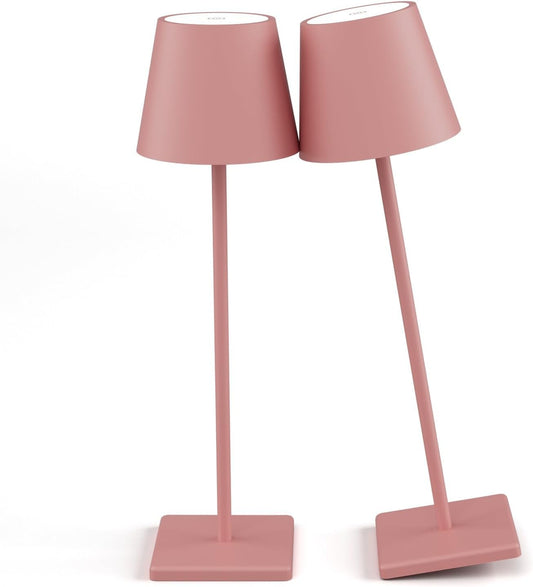 2-Pack LED Cordless Table Lamp, Rechargeable Battery Desk lamp 3W 5500mAh Battery Operated Stepless Dimming Modern Portable Table Light for Restaurant/Bedroom/Outdoor IP54 Waterproof (Pink)