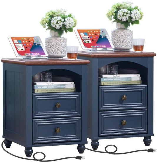 18" Farmhouse Night Stand Set of 2 with Charging Station, Wood Blue Nightstand with 2 Drawers, Bedside End Table with Shelf Storage, Bed Side Tables for Bedroom, Living Room, and Closet