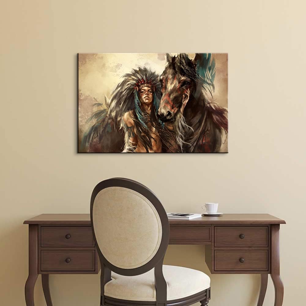 Mistyefly Framed Canvas Wall Art - Indian Girl (16''Hx24''W) - Native American Art - Earthy Tones, Multicolor - Living Room, Bedroom, Office, Hallway