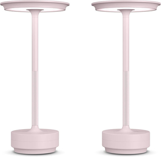 2 Pack Rechargeable Cordless Table Lamps, Portable 5000mAh LED Table Light, 3 Color Stepless Dimming Battery Powered Metal Table Lamp for Outdoo/Restaurant/Home/Patio.(Light Pink)