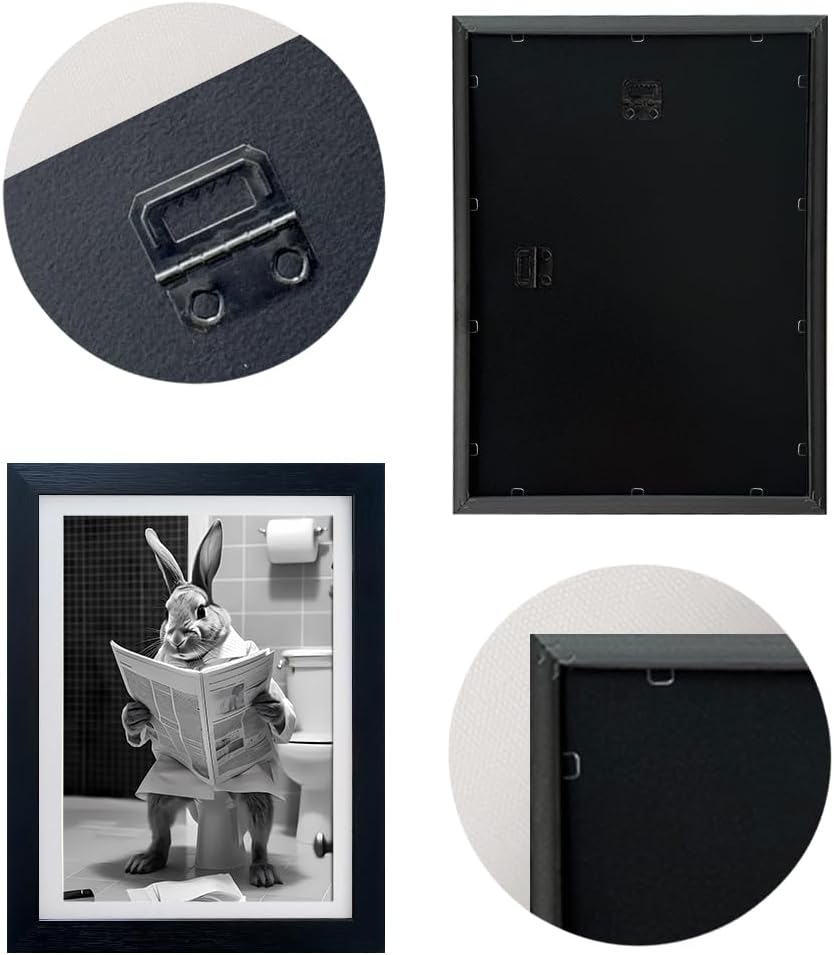 Kids Bathroom Wall Decor Cute Rabbit Reading Newspaper in the Toilet Black and White Farmhouse Animal Wall Art Framed Canvas Print Bathroom Picture Artwork