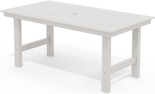 SERWALL HDPE Outdoor Dining Table for 6, 67" Rectangle Patio Dining Table with Umbrella Hole, White