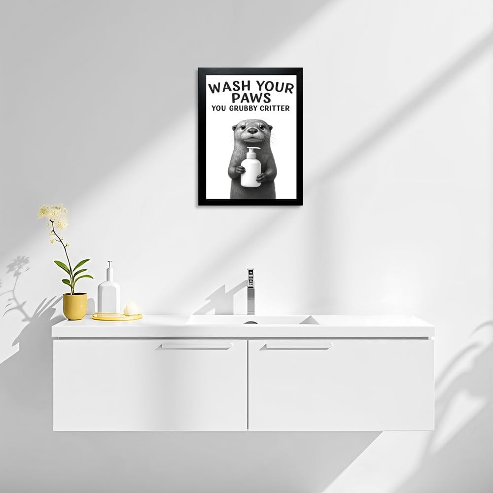 Funny Bathroom Wall Art, Black and White Wall Decor, Framed Animal Otter Poster Canvas Print (Otter, 14"L x 11"W, Framed)