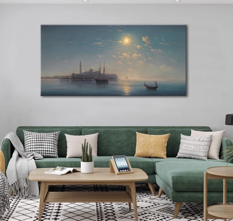 Large Canvas Wall Art Boats at Sunset Artwork Decor for Bedroom Venice Seascape Nature Classical Paintings Peaceful Vintage Landscape Picture Print for Living Room Office Home Decoration 20"x40"