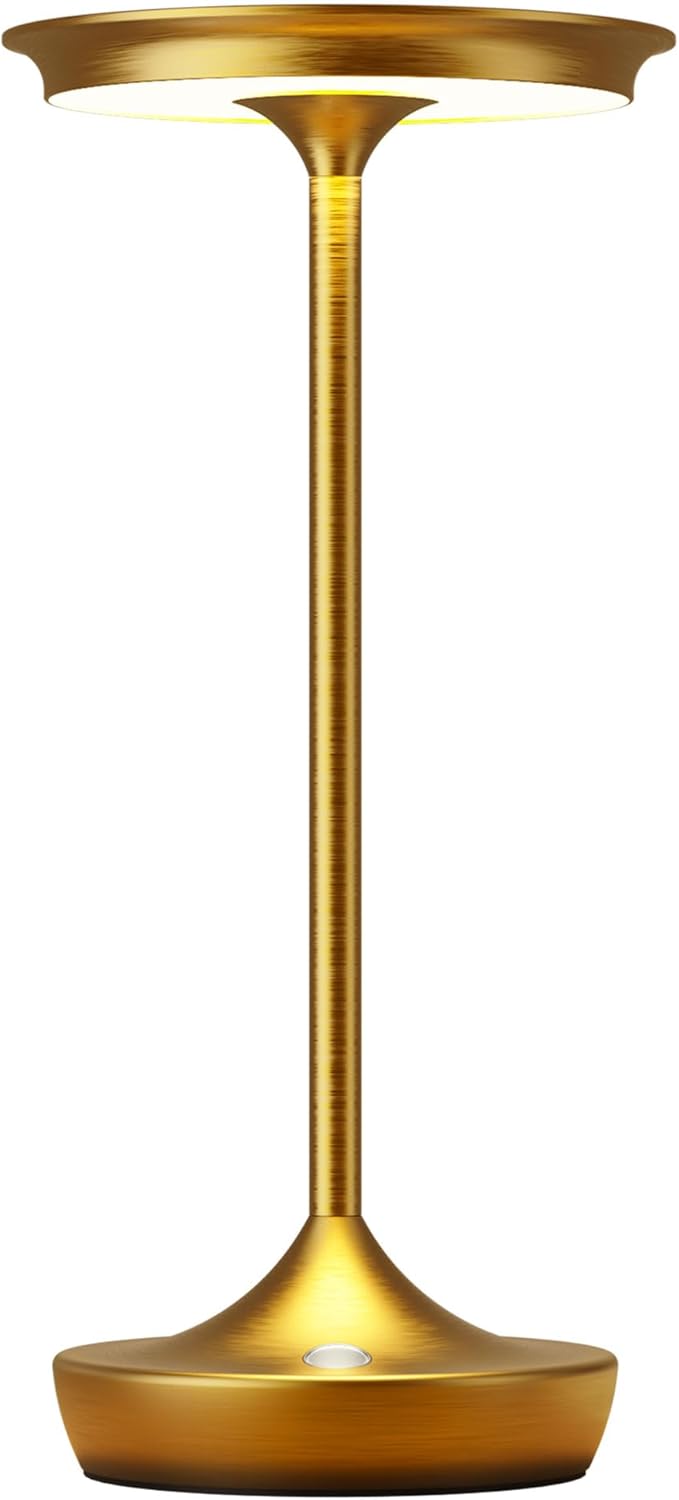 YHT Cordless Rechargeable Table Lamps, Portable 6000mAh Battery Desk Lamp Waterproof 3 Color Stepless Dimming LED Table Light with Memory Function for Outdoor/Dinning/Patio/Restaurant (Gold 1Pack)