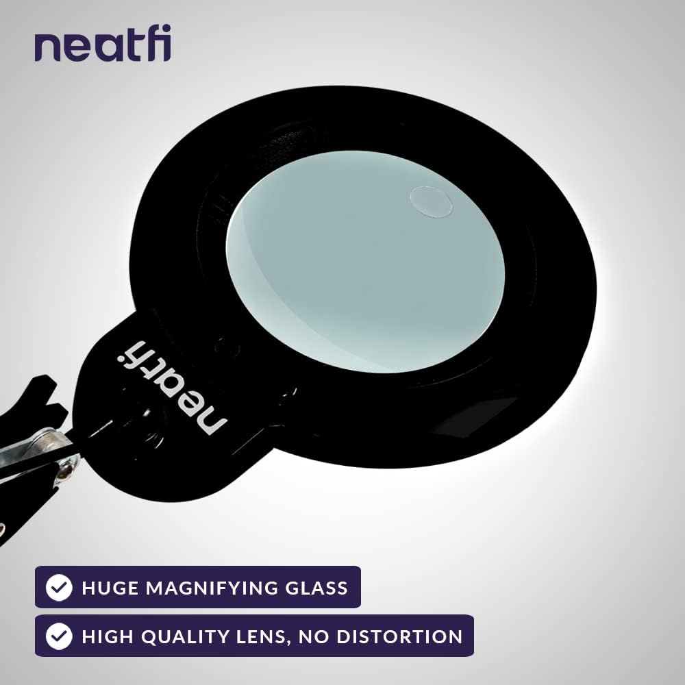 Neatfi XL Bifocal LED Magnifying Lamp, 7-Inch Acrylic Lens, 5D/20D Magnification, Hands-Free, Dimmable, 84 SMD LEDs, Adjustable Arm for Crafts, Reading, Close Work (Black, CCT with Clamp)