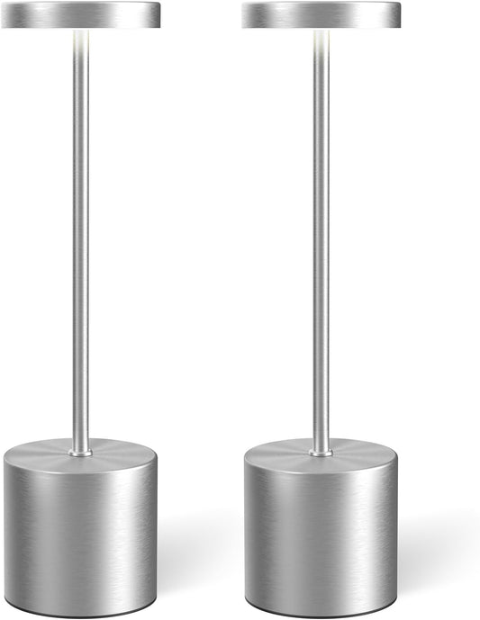 Cordless Table Lamp Set of 2, Rechargeable 5000mAh Battery Powered Outdoor Table Lamps(Silver)
