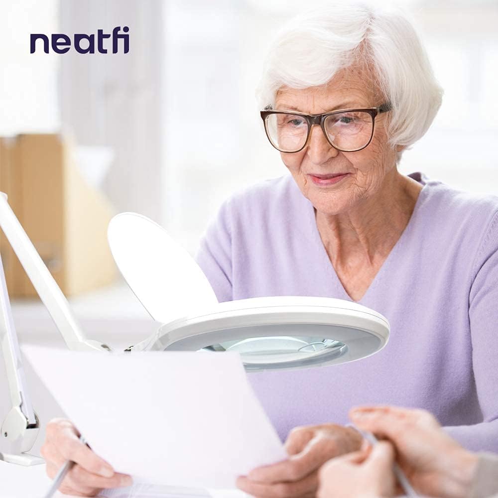 Neatfi Elite XL HD Bifocals Super LED Magnifying Lamp with Clamp, Glass Lens, 6500K, Glare-Free, Nonpolar Dimming (6 Inch Lens, White)