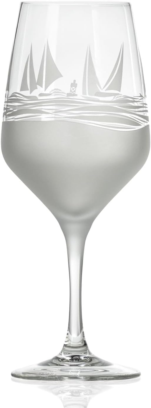 Rolf Glass | Regatta All Purpose Stemmed Wine Glass 19.5 Ounce | Set of 2 | Lead-free Glassware | Elegant Engraved Wine Glass Set | Nautical Sailboat Design