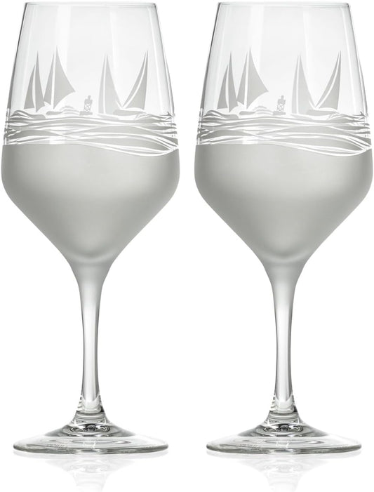 Rolf Glass | Regatta All Purpose Stemmed Wine Glass 19.5 Ounce | Set of 2 | Lead-free Glassware | Elegant Engraved Wine Glass Set | Nautical Sailboat Design