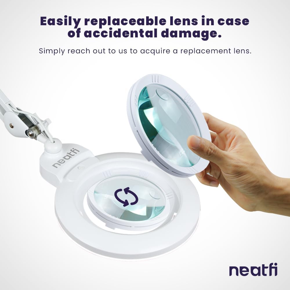 Neatfi XL Bifocal LED Magnifying Lamp, 7-Inch Acrylic Lens, 5D/20D Magnification, Hands-Free, Dimmable, 84 SMD LED, Adjustable Arm for Crafts, Reading, Close Work (White, with Clamp)