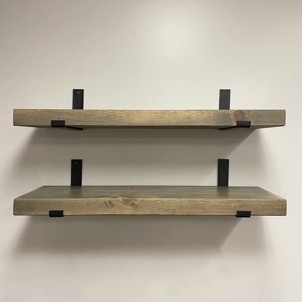 Rustic Shelves with J-Brackets Set of 2, Industrial Shelf, Kitchen Shelves, Solid Wood, Decorative Wall Storage, Heavy Duty, URBANDI (Grey, 48Wx10D)