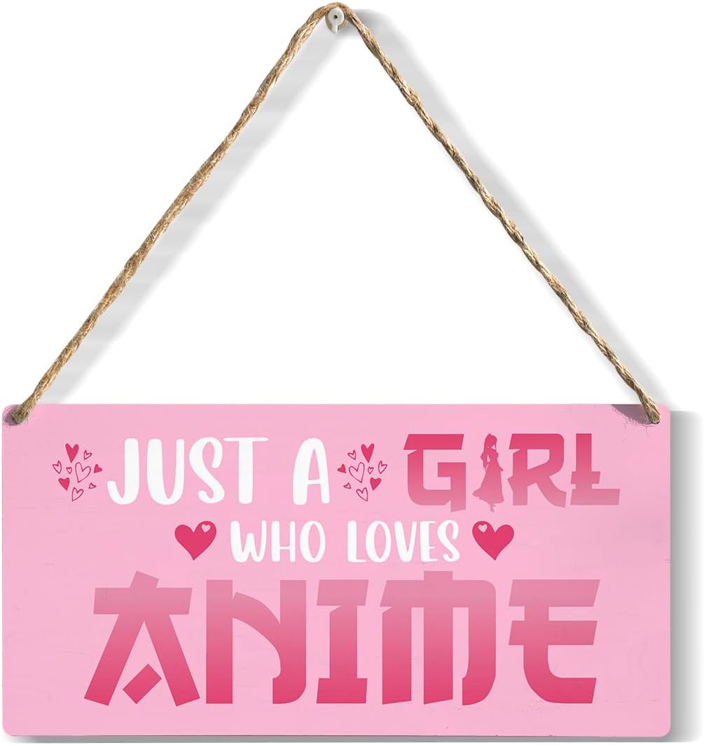 Funny Just a Girl Who Loves Anime Wood Sign Rustic Anime Lovers Wooden Hanging Plaque for Home Living Room Girl Bedroom Wall Art Decoration 6 x 12 Inches Present.pink