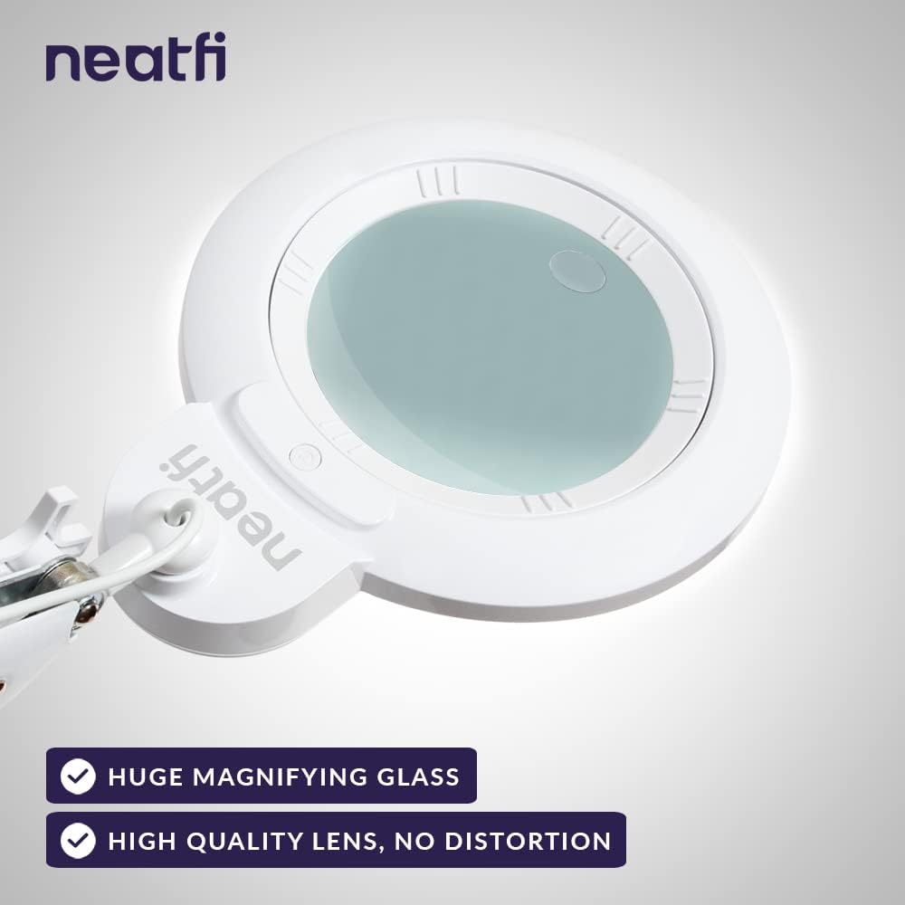 Neatfi XL Bifocal LED Magnifying Lamp, 7-Inch Acrylic Lens, 5D/20D Magnification, Hands-Free, Dimmable, 84 SMD LED, Adjustable Arm for Crafts, Reading, Close Work (White, CCT with Clamp)