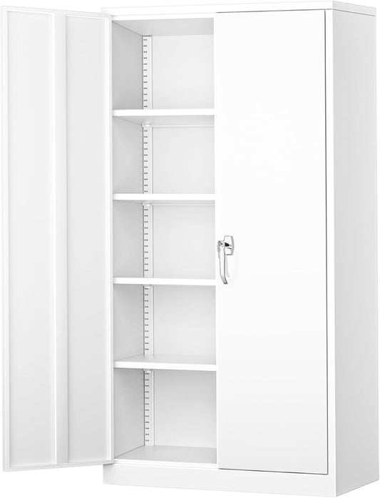 Greenvelly White Metal Cabinet, 72" H Steel Lockable Metal Storage Cabinet with 2 Doors and Adjustable Shelves,Tall Tool Organizer for Office,Home, Garage, Gym, School