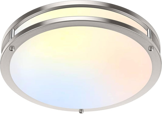 10 Inch LED Flush Mount Ceiling Light, Brushed Nickle Kitchen Lighting Fixture with 2700K/3000K/4000K/5000K/6500K 5 Color Adjusted, Dimmable Modern Round LED Light for Bedroom Living Room, 1-Pack