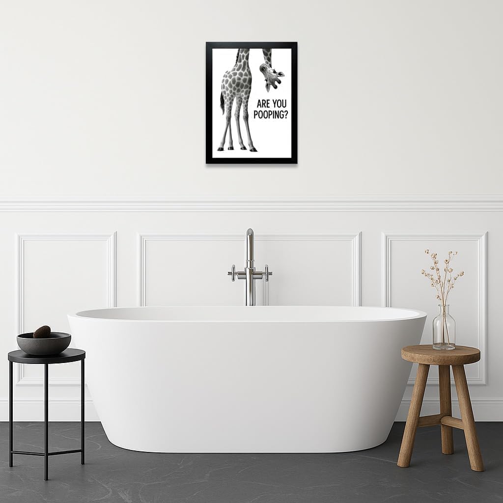 Funny Giraffe “Are You Pooping?” Bathroom Wall Art – 8×10″ Black & White Framed Print – Quirky Toilet Humor Home Décor (Giraffe, 10"L x 8"W, Framed)