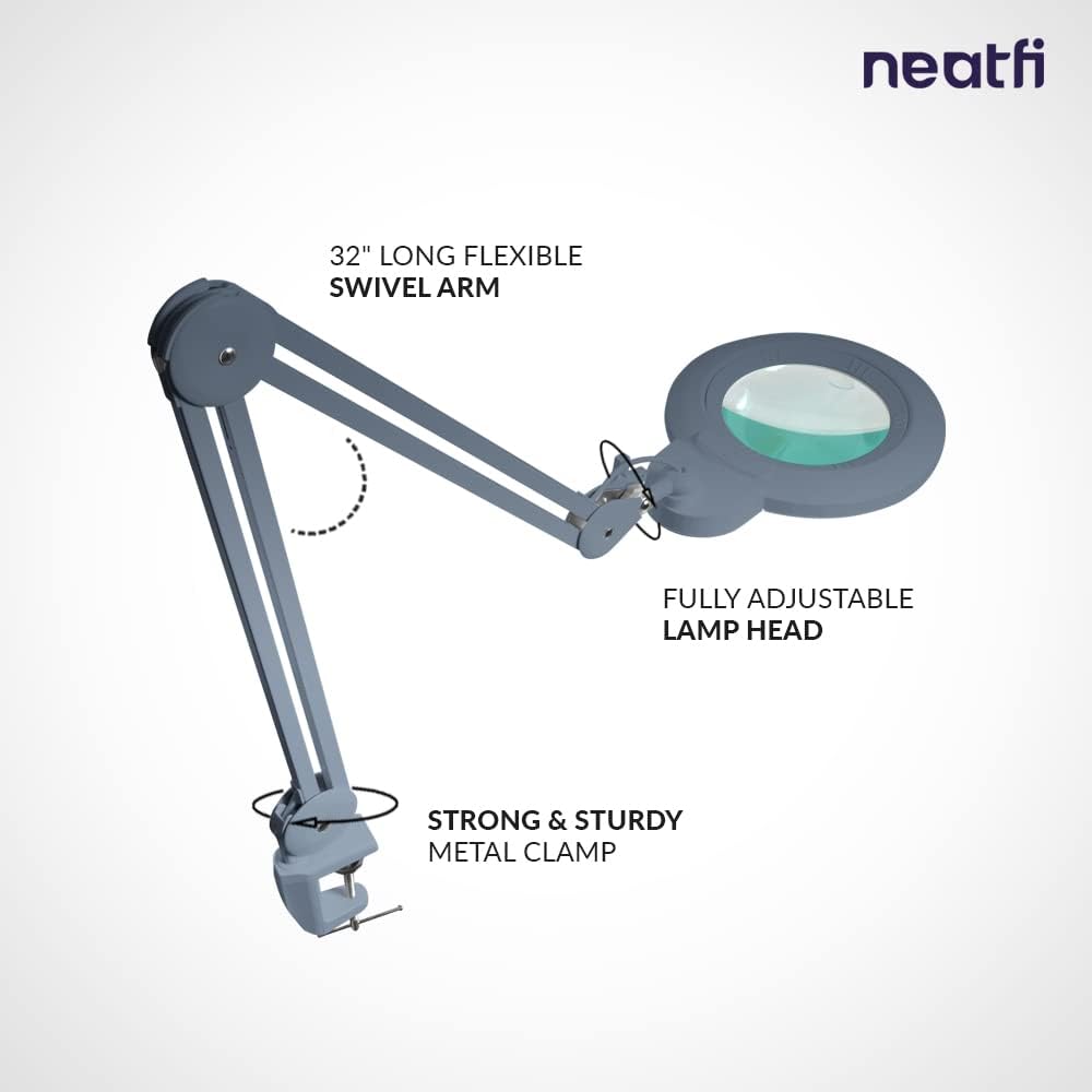 Neatfi XL Bifocal LED Magnifying Lamp, 7-Inch Acrylic Lens, 5D/20D Magnification, Hands-Free, Dimmable, 84 SMD LED, Adjustable Arm for Crafts, Reading, Close Work (Gray, with Clamp)
