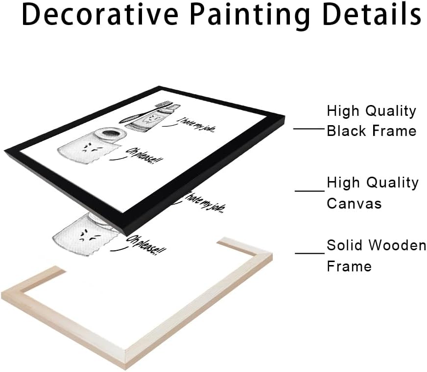 Kids Bathroom Wall Decor Framed Black and White Bathroom Print Funny Toliet Paper and Toothbrush Picture Artwork for Children's Bathroom