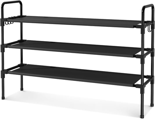 3-Tier Shoe Rack for Closet, Stackable Shoe Organizer with 5 Hooks, Long Shoe Shelf Storage for Sneakers & Boots, Free Standing Shoe Rack for Entryway Dorm Garage Small Spaces, Black