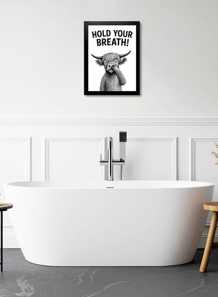 Funny Bathroom Wall Art - Highland Cow Nose Picking Canvas Print, Black and White Humorous Animal Picture, Modern Framed Decor for Home, Restroom (Cow Hold Your Breath, 10"L x 8"W, Framed)