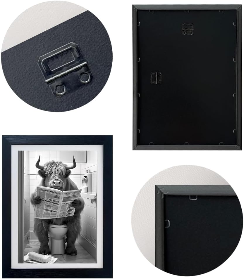 Highland Cow Bathroom Decor Cow on Toilet Picture Wall Decor Black and White Funny Bathroom Wall Art Animal Canvas Print Artwork