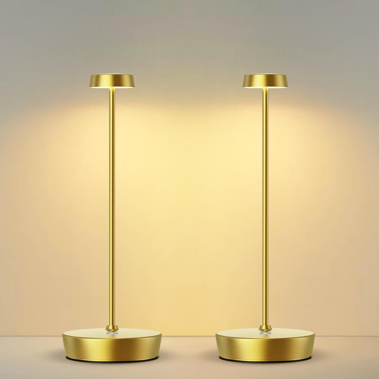 Cordless LED Table Lamp，Rechargeable Battery Desk Lamps, 3 Color Stepless Dimmable Metal Battery Table Lamps, Portable Waterproof Table Light for Indoor/Outdoor/Restaurant (2Pack Brass)